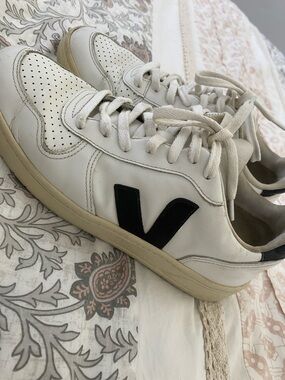 Veja White Leather Low-Top Sneakers with Black V Accent